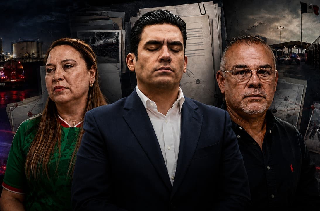 Tres personas de pie en primer plano, con expresiones serias, frente a un fondo oscuro que muestra documentos y una escena urbana.